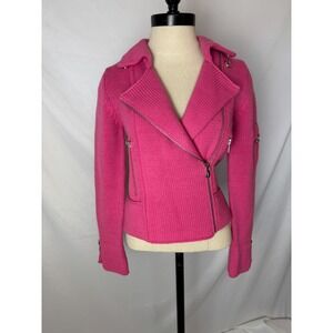 One Girl Who Asymmetric Zip Sweater Motorcycle Jacket Pink Collared Wool Blend